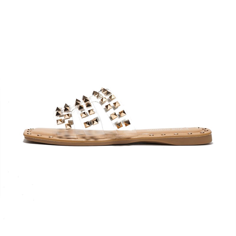 Cape Robbin Women's Gold Spike Studded Slide Sandals - Open Toe Slip On Lightweight Comfort for Beach Pool (Amisha) - Clear Size 7 - Image 2